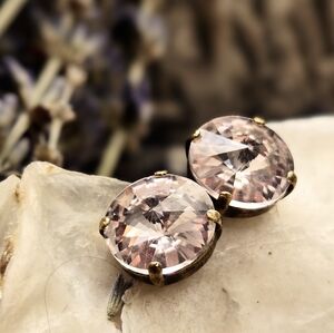 Pink Light And Faint Austrian Crystal On Brass Stud Earrings